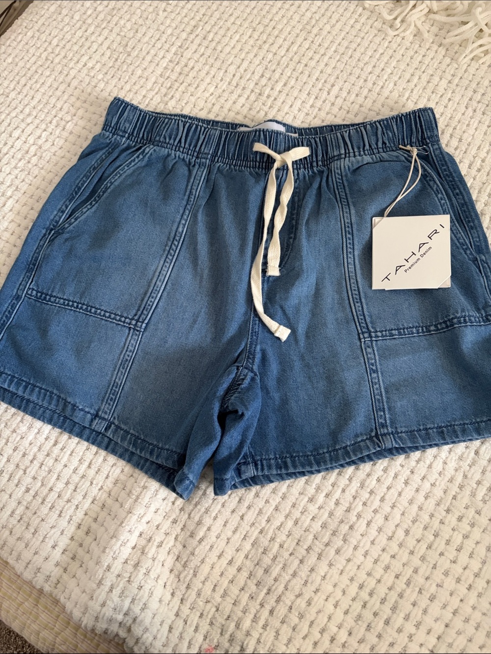 Tahari Blue High-Waist Denim Drawstring Shorts